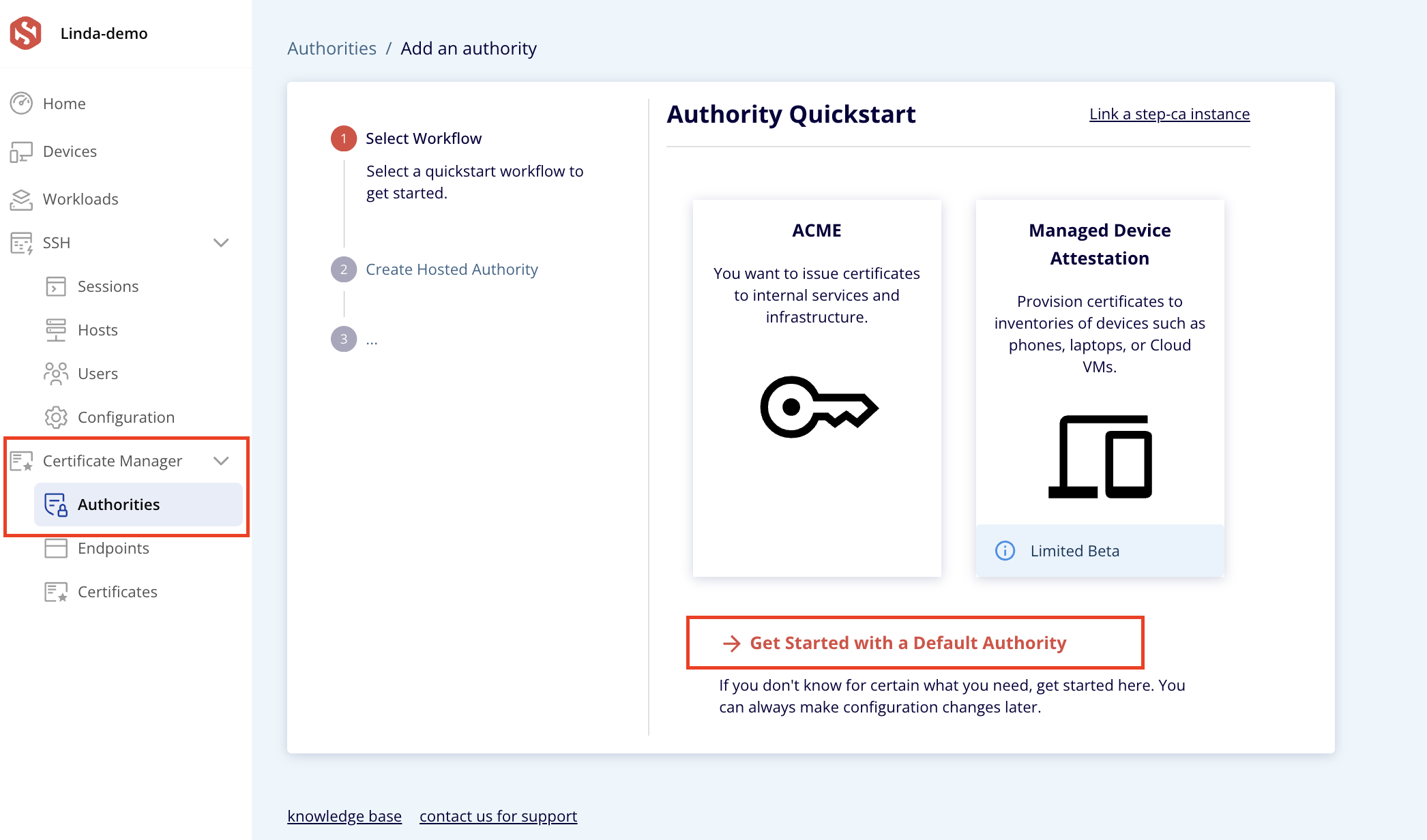 Screenshot of the Default Authority UI on Smallstep platform