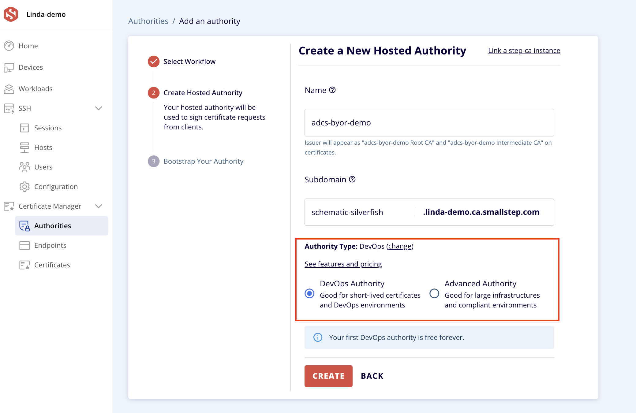 Screenshot of how to switch from Default Authority to Advanced Authority