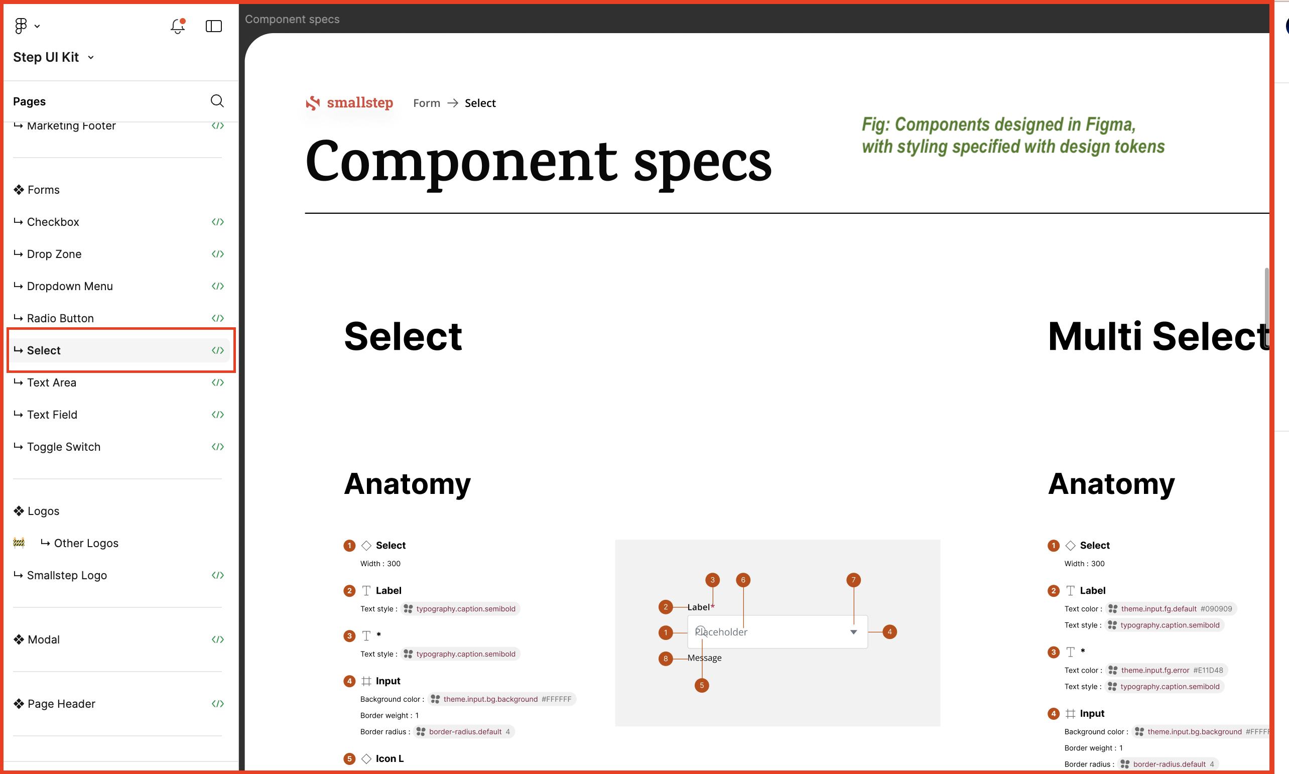 Storybook component example synced with Figma for UI consistency