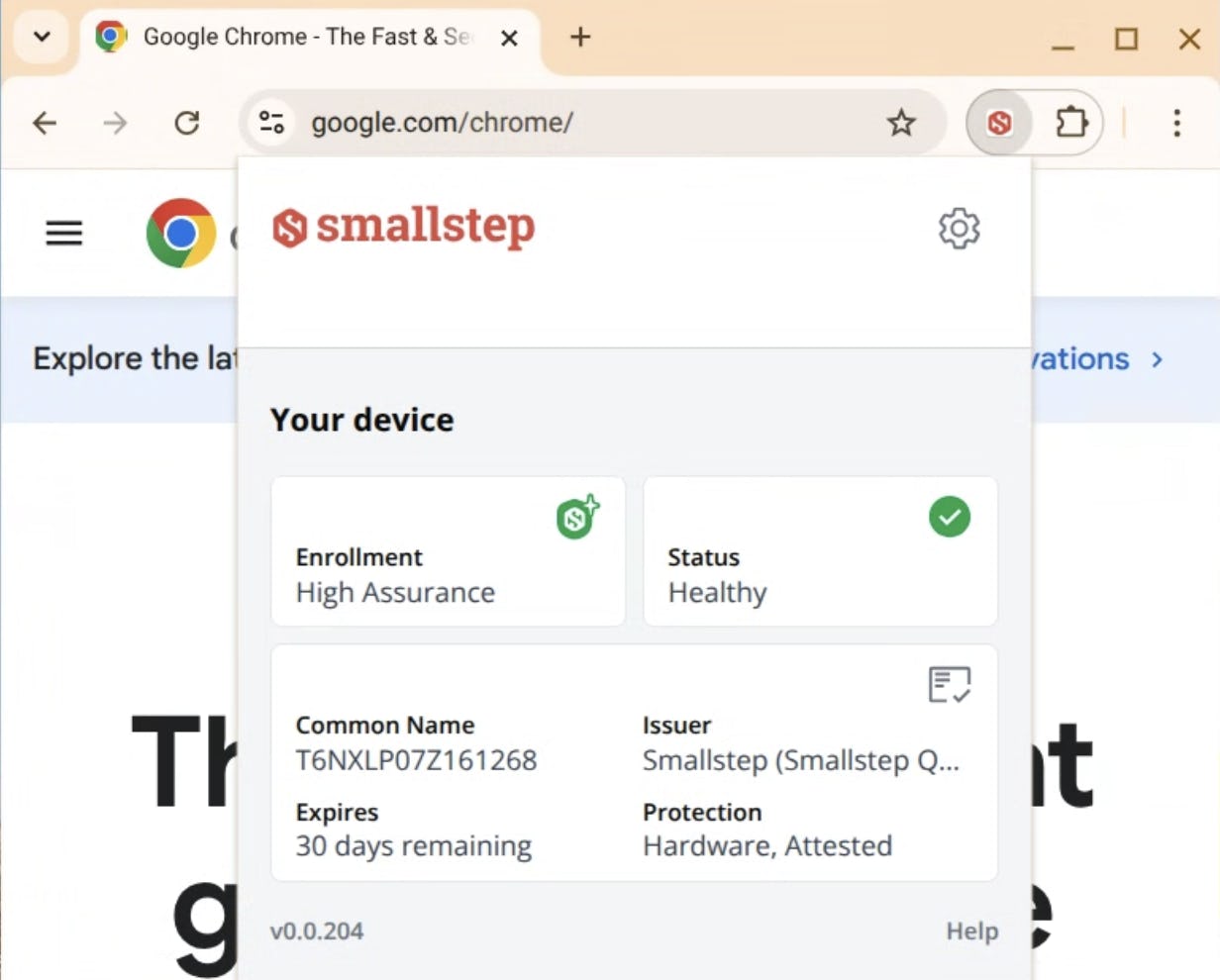 ChromeOS extension popup showing device status and version