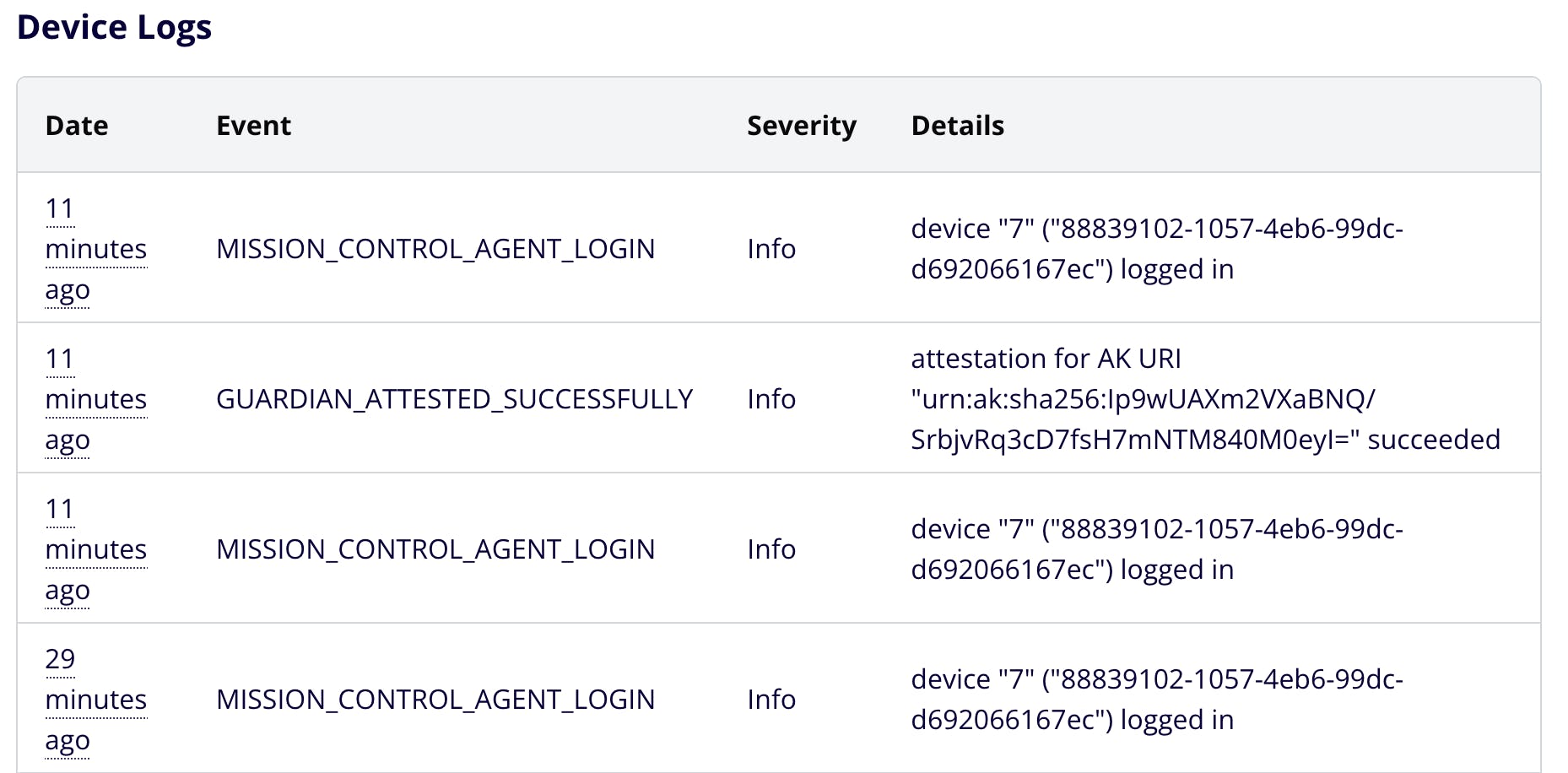 Device Logs showing agent login events