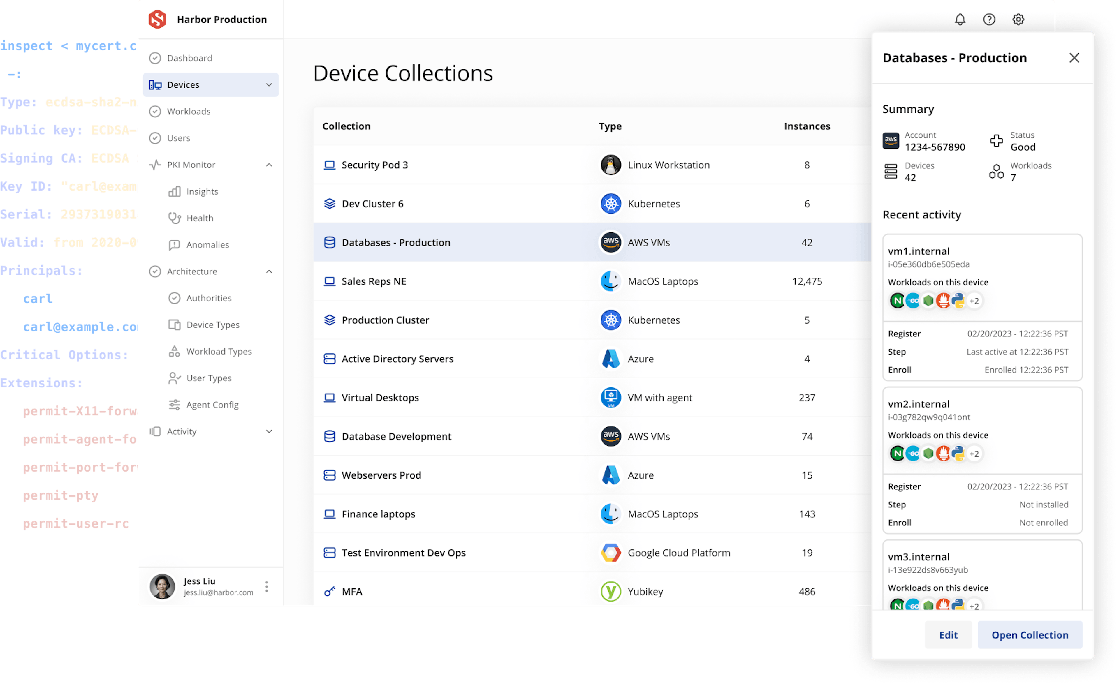 A UI screenshot of Smallstep, complete with device collections. Under Collections are titles like "security pod, dev cluster, databases-production" with the corresponding type like "linux workstation, kubernetes, AWS vm, Azure, Google Cloud Platform" etc.