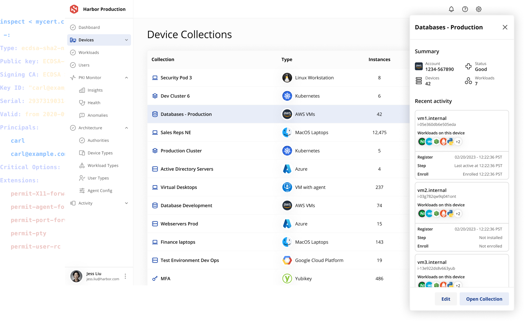 A UI screenshot of Smallstep, complete with device collections. Under Collections are titles like "security pod, dev cluster, databases-production" with the corresponding type like "linux workstation, kubernetes, AWS vm, Azure, Google Cloud Platform" etc.