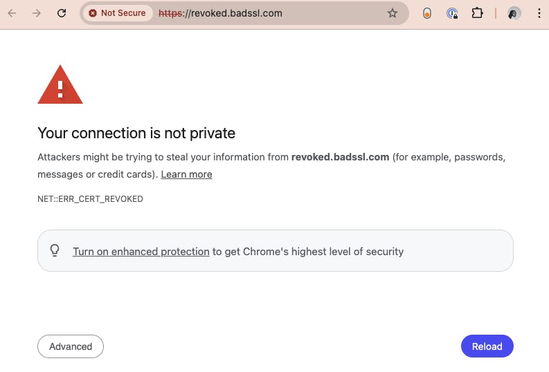Error message displayed by Chrome for website with revoked certificate